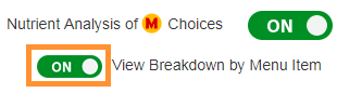 Nutrient Analysis of Choices, turned on. View Breakdown by by Menu Item, turned on.