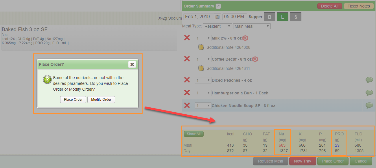 Place Order? Some of the nutrients are not within the desired parameters. Do you wish to Place Order or Modify Order?